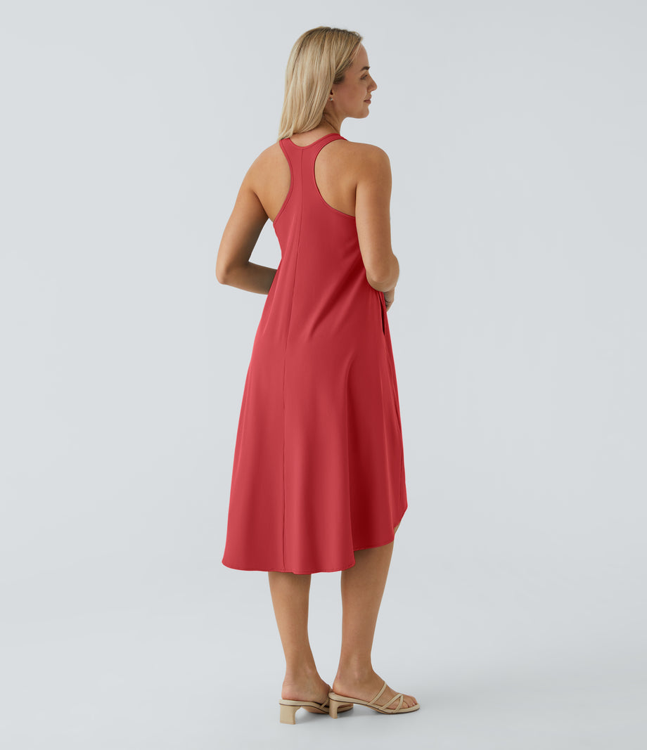 Breezeful™ Backless Racerback Side Pocket High Low Flowy Midi Quick Dry Casual Dress - Pompeian Red