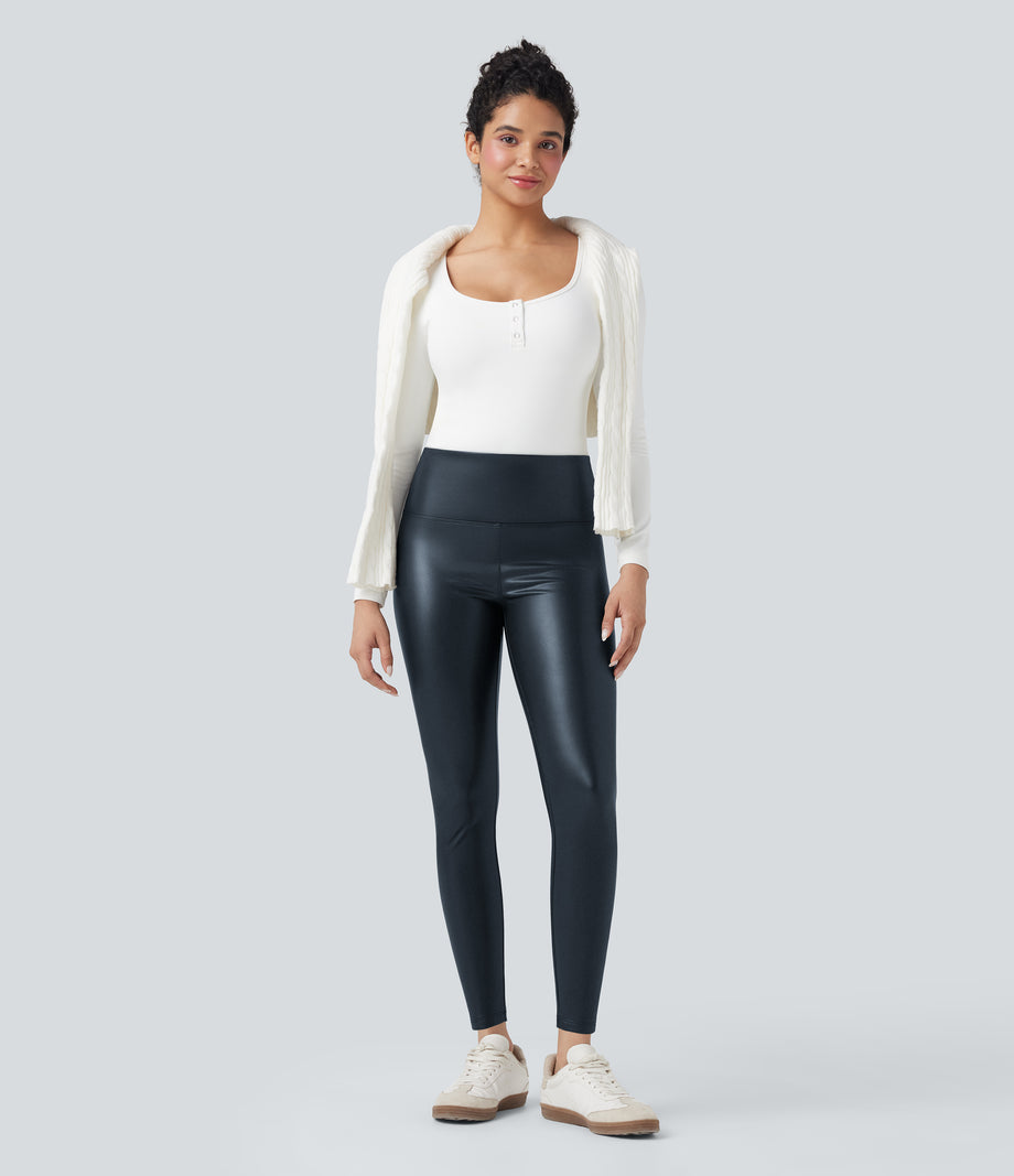 High Waisted Tummy Control Stretchy PU Fleece 7/8 Skinny Casual Leggings with Pockets - Stratified Sea