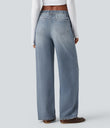 Mid Rise Denim Print French Terry Casual Sweatpants Jeans with Pockets - Light Ocean Denim