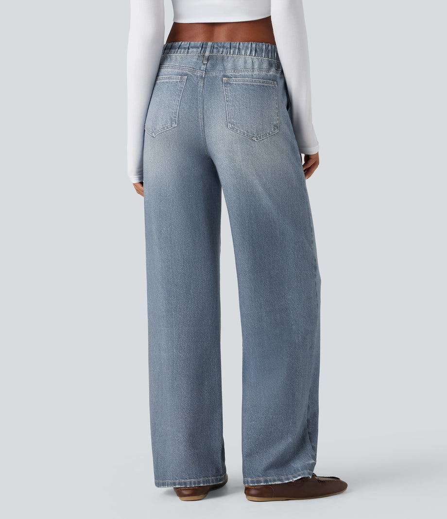 Mid Rise Denim Print French Terry Casual Sweatpants Jeans with Pockets - Light Ocean Denim