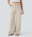 High Waisted Drawstring Pocket Wide Leg Baggy Casual Linen-Feel Pants - Whisper White