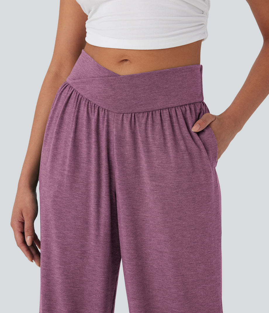 Crossover High Waisted Pocket Drawstring Casual Joggers - Red Violet Floral Yarn