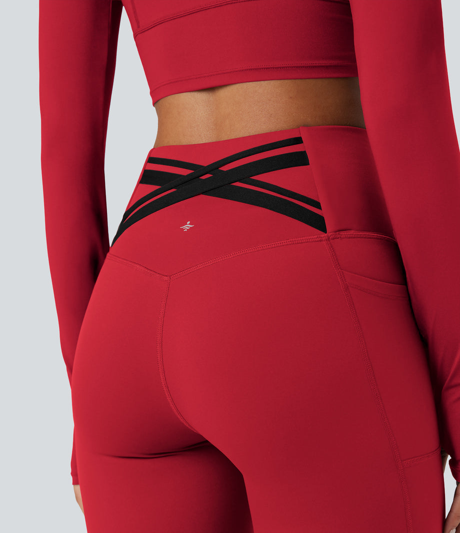 Halara Ultrasculpt™ Heat High Waisted Tummy Control Crossover Back Fleece Running Leggings with Pockets - Salsa