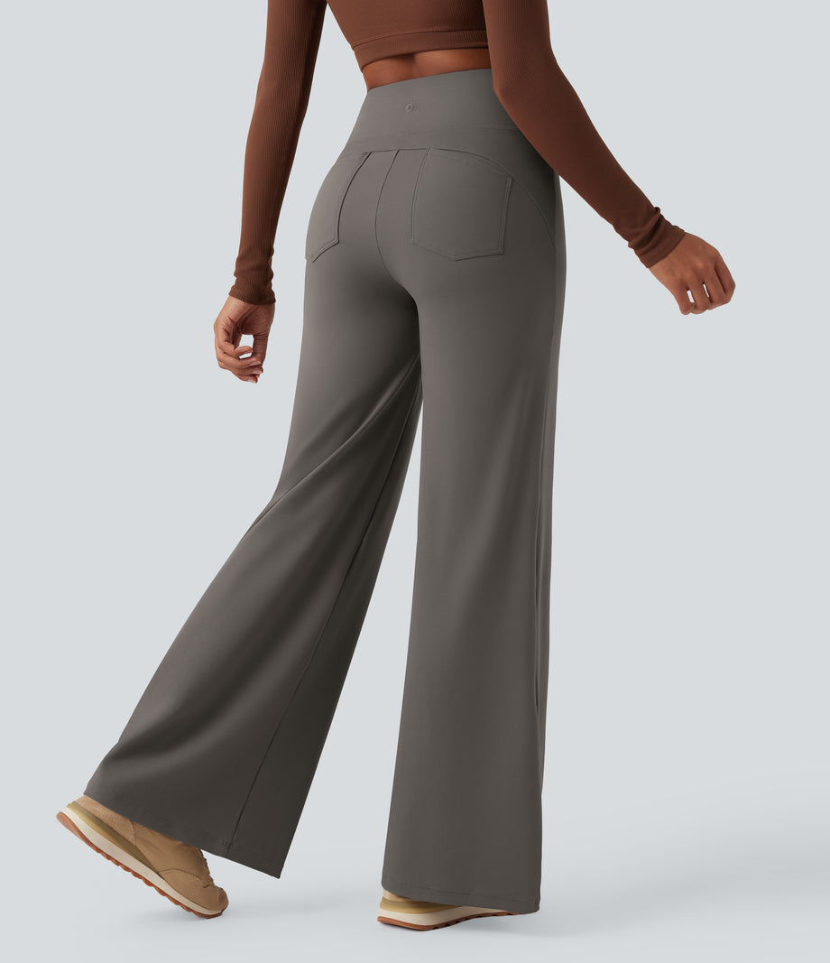 DayStretch High Waisted Tummy Control Wide Leg Baggy Yoga Pants with Pockets - Deep Red Grey