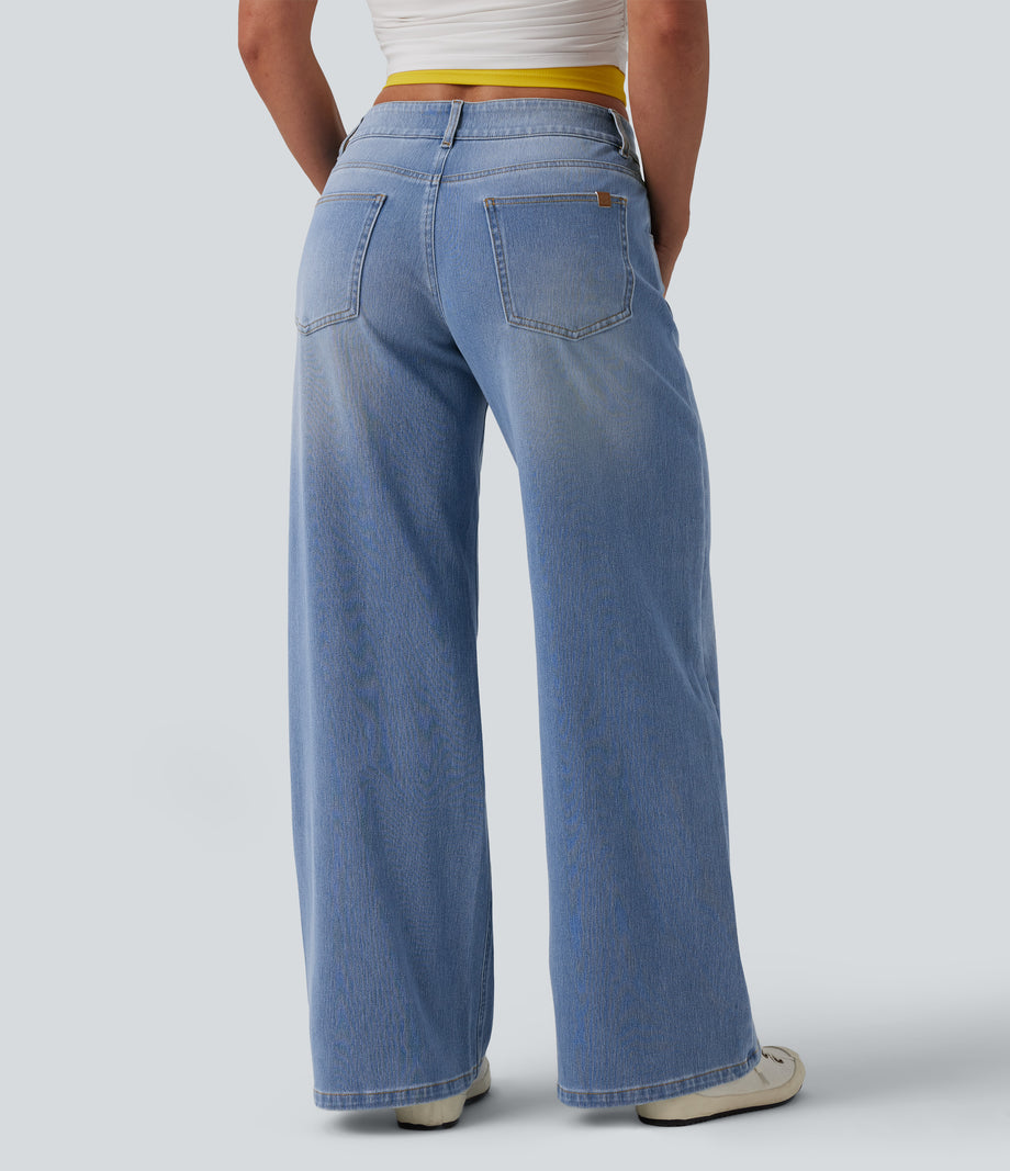 Halara Flex™ Low Rise Zipper Pockets Washed Baggy Wide Leg Casual Jeans - Malibu Blue Denim