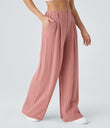 High Waisted Pocket Wide Leg Flowy Solid Palazzo Casual Linen-Feel Pants - Rosette
