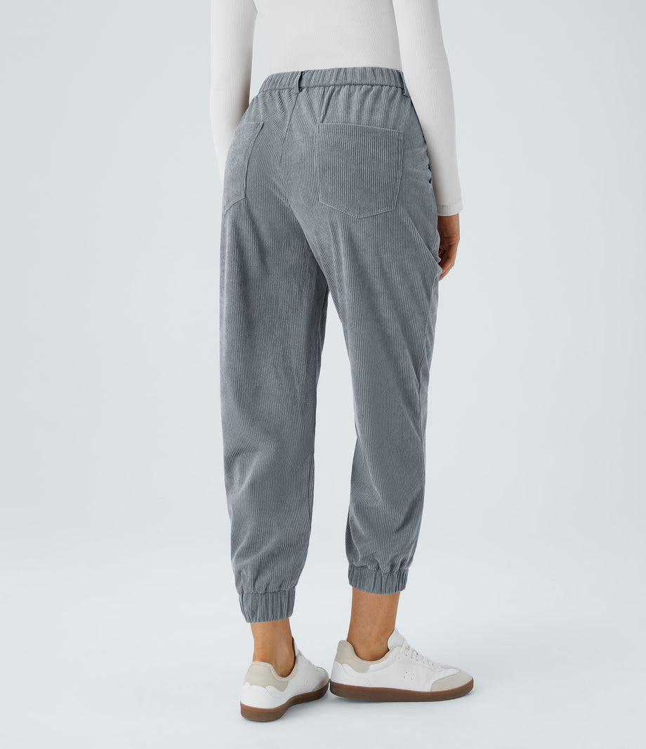 Mid Rise Zipper Pockets Corduroy Casual Joggers - Blue Flower Gray