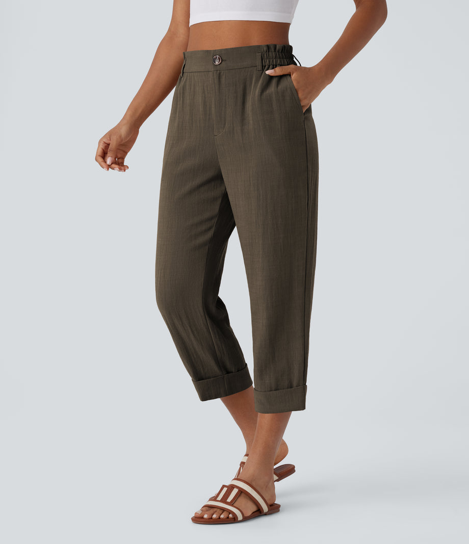 High Waisted Zipper Pocket Cropped Linen-Feel Pants - Dark Earthy Brown
