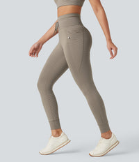 High Waisted Drawstring Striped Yoga Leggings with Pockets - Sandstone Beige