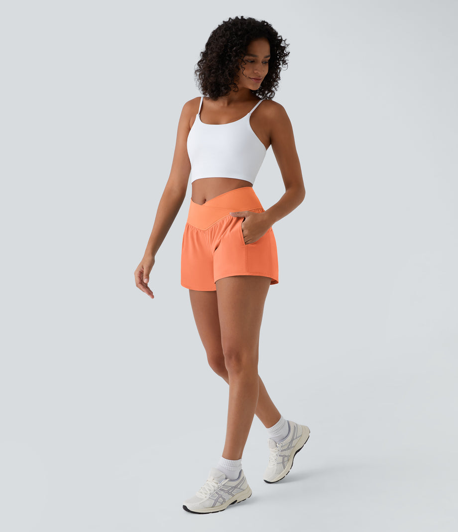 Breezeful™ High Waisted Crossover Pocket 2-in-1 Quick Dry Yoga Shorts 4" - Flamingo