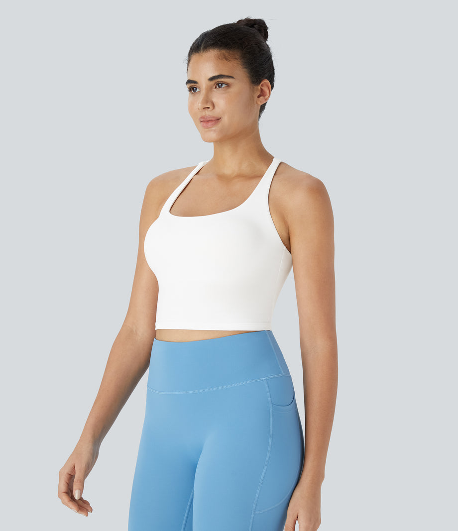 Crisscross Backless Built-in Bra Cropped Running Tank Top A-D Cups - White