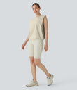 Round Neck Ruched Cool Touch Yoga Tank Top-UPF50+ - Almond Milk
