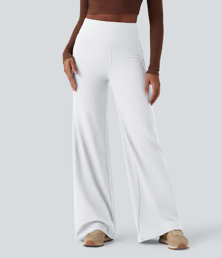 DayStretch High Waisted Tummy Control Wide Leg Baggy Yoga Pants with Pockets - White