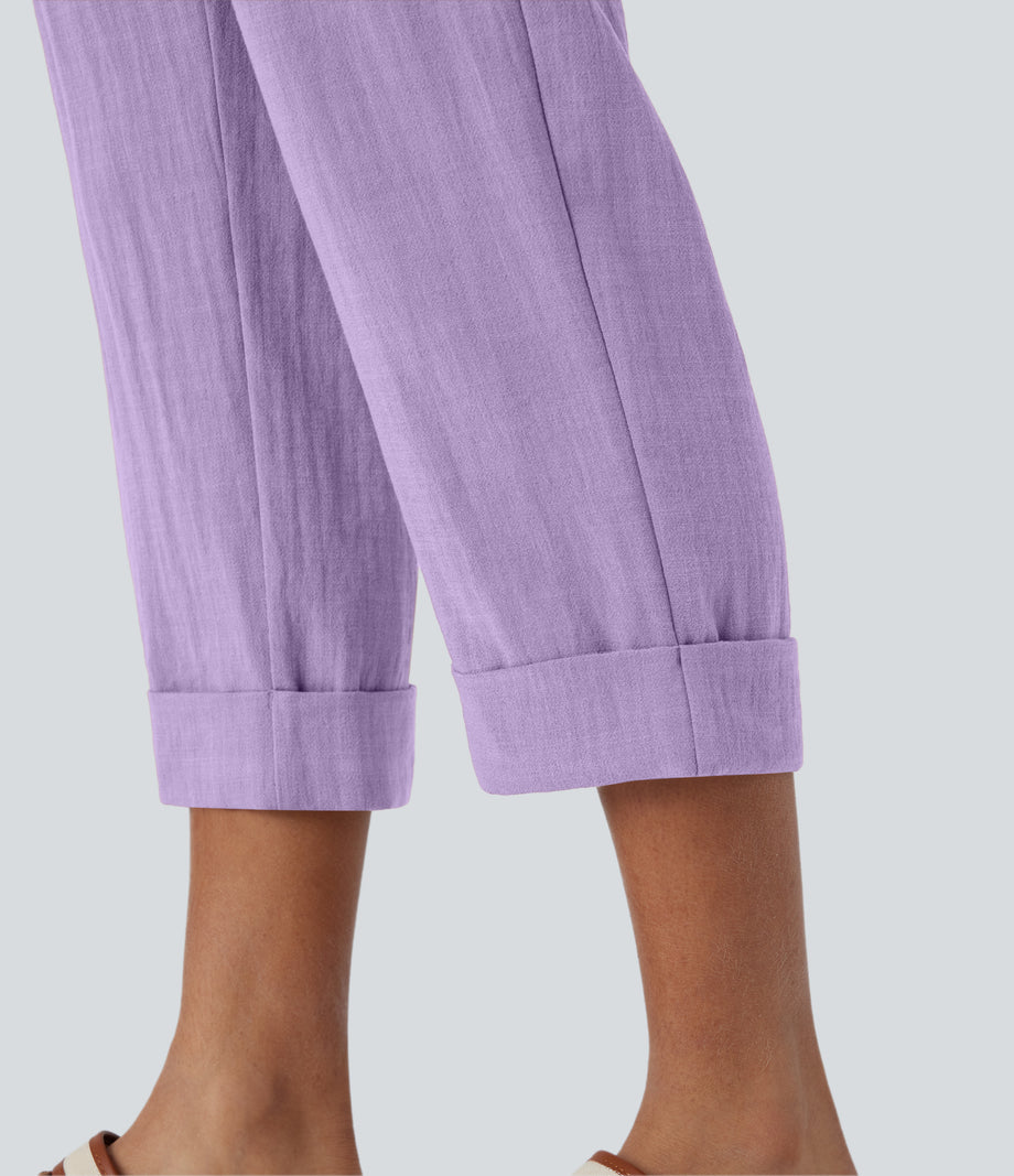 High Waisted Zipper Pocket Cropped Linen-Feel Pants - Lilac Breeze