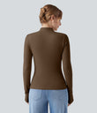 Mock-neck Long Sleeve Ruched Asymmetric Hem Thermal Casual Top - Cocoa