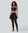 Breezeful™ High Waisted Pleated 2-in-1 Contrast Mesh Quick Dry Dance Stirrup Skirted Leggings with Pockets - Black