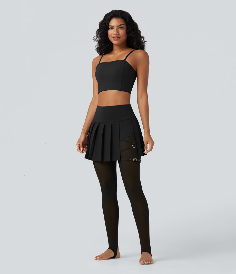 Breezeful™ High Waisted Pleated 2-in-1 Contrast Mesh Quick Dry Dance Stirrup Skirted Leggings with Pockets - Black
