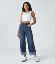 Halara Flex™ High Waisted Pockets Rolled Hem Wide Leg Washed Casual Jeans - Paint Blue Denim
