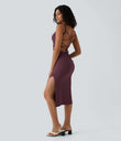Ruched Lace Up Bodycon Midi Casual Dress - Fig