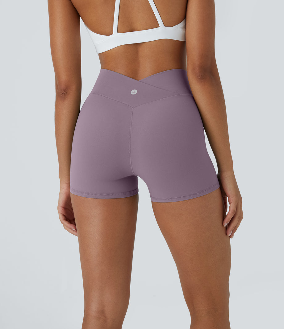 SoftlyZero™ High Waisted Crossover Plain Yoga Biker Shorts 3''-UPF50+ - Cinnabar Purple