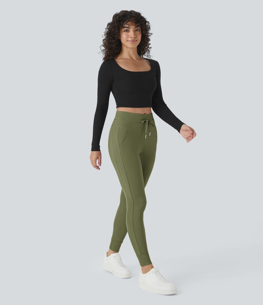 SoftlyZero™ Plush High Waisted Drawstring Pocket Plain Full Length Joggers - Loden Green