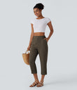 High Waisted Zipper Pocket Cropped Linen-Feel Pants - Dark Earthy Brown