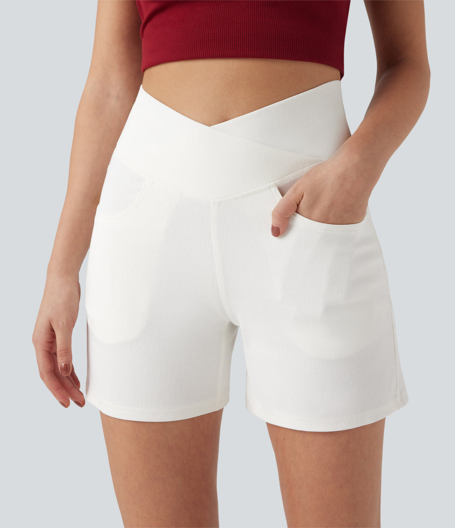 Halara Flex™ Crossover High Waisted Pockets Wide Leg A Line Washed Denim Casual Shorts - Bright White Denim