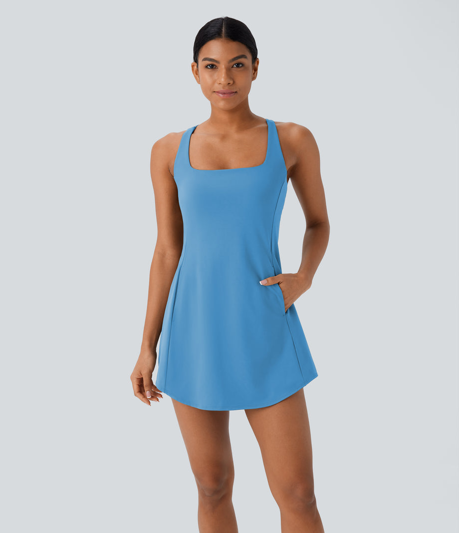 SoftlyZero™ Plush Cut Out Pocket 2-Piece Mini Yoga Active Dress - Bonnie Blue