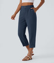 High Waisted Zipper Pocket Cropped Linen-Feel Pants - Deep Secluded Blue