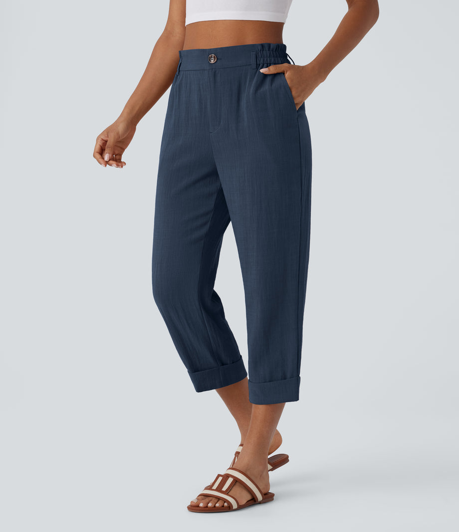 High Waisted Zipper Pocket Cropped Linen-Feel Pants - Deep Secluded Blue