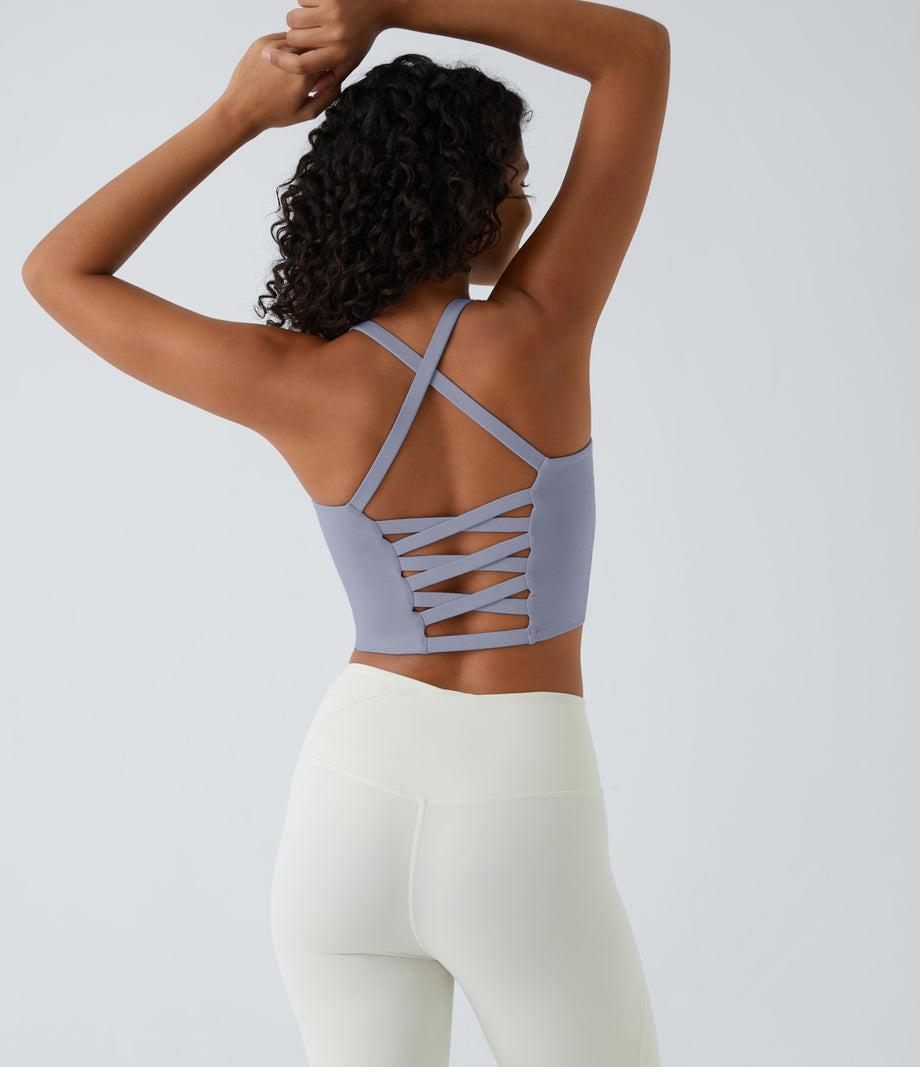 Crisscross Backless Built-in Bra Cropped Running Tank Top A-D Cups - Silver Bullet