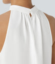 Keyhole Back Halter Sleeveless Curved Hem Work Blouse - Fish Belly White