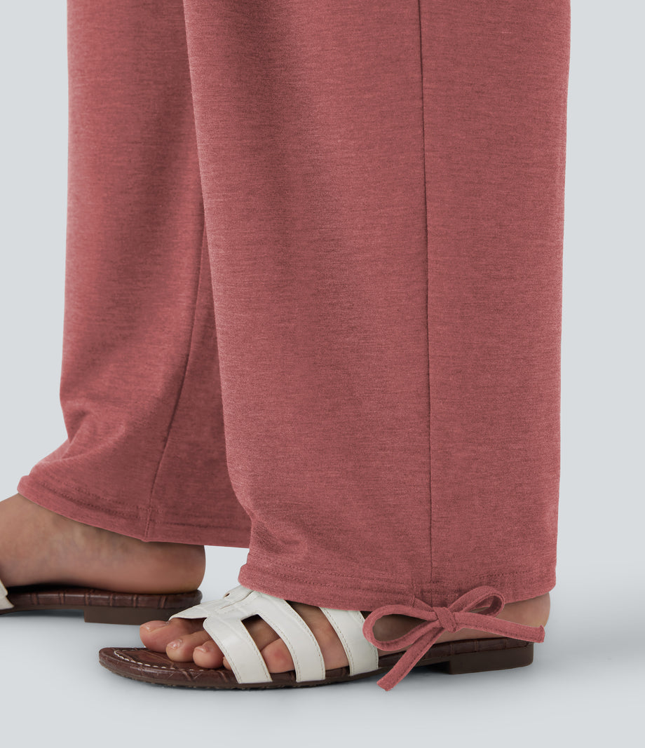 Crossover High Waisted Pocket Drawstring Casual Joggers - Brick Red Mix
