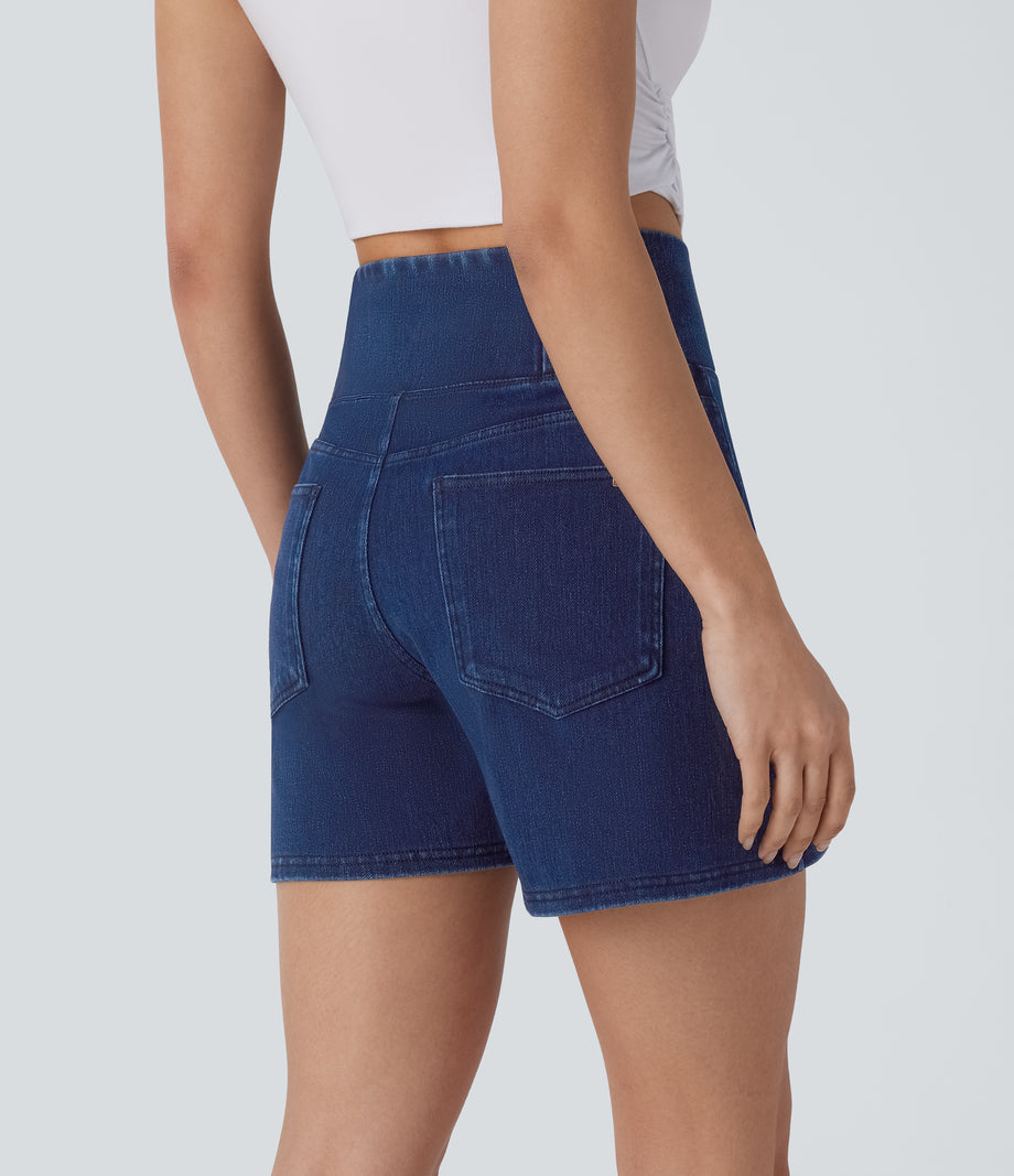 Halara Flex™ Crossover High Waisted Pockets Wide Leg A Line Washed Denim Casual Shorts - Washed Denim Navy Blue