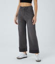 Halara Flex™ High Waisted Pockets Rolled Hem Wide Leg Washed Casual Jeans - Bright gray denim