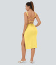 Ruched Lace Up Bodycon Midi Casual Dress - Goldfinch