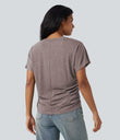 V-neck Short Sleeve Ruched Relaxed Casual Top - Deep Tea Brown Floral Yarn