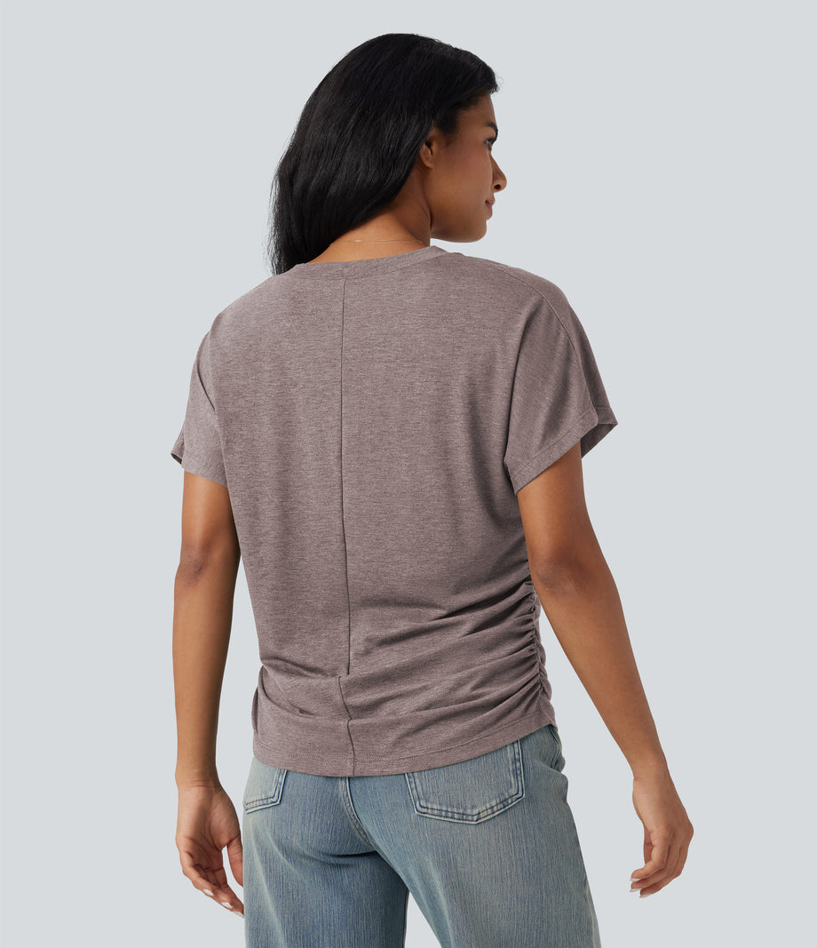 V-neck Short Sleeve Ruched Relaxed Casual Top - Deep Tea Brown Floral Yarn