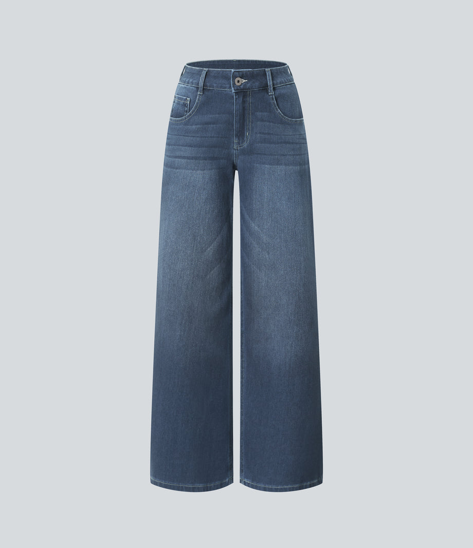 Halara Flex™ Low Rise Zipper Pockets Washed Baggy Wide Leg Casual Jeans - Cedar Blue Denim