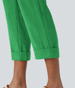 High Waisted Zipper Pocket Cropped Linen-Feel Pants - Kelly Green