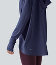 Hooded Cowl Neck Long Sleeve Thumb Hole Yoga Sports Top with Pockets - Patriot Blue