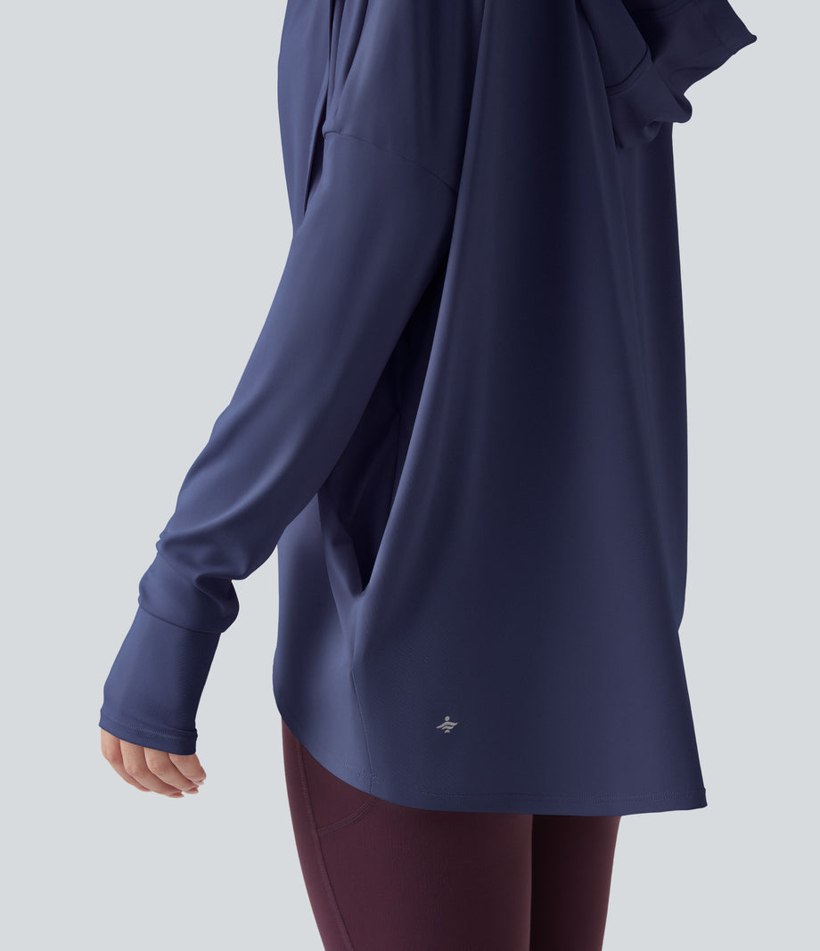 Hooded Cowl Neck Long Sleeve Thumb Hole Yoga Sports Top with Pockets - Patriot Blue