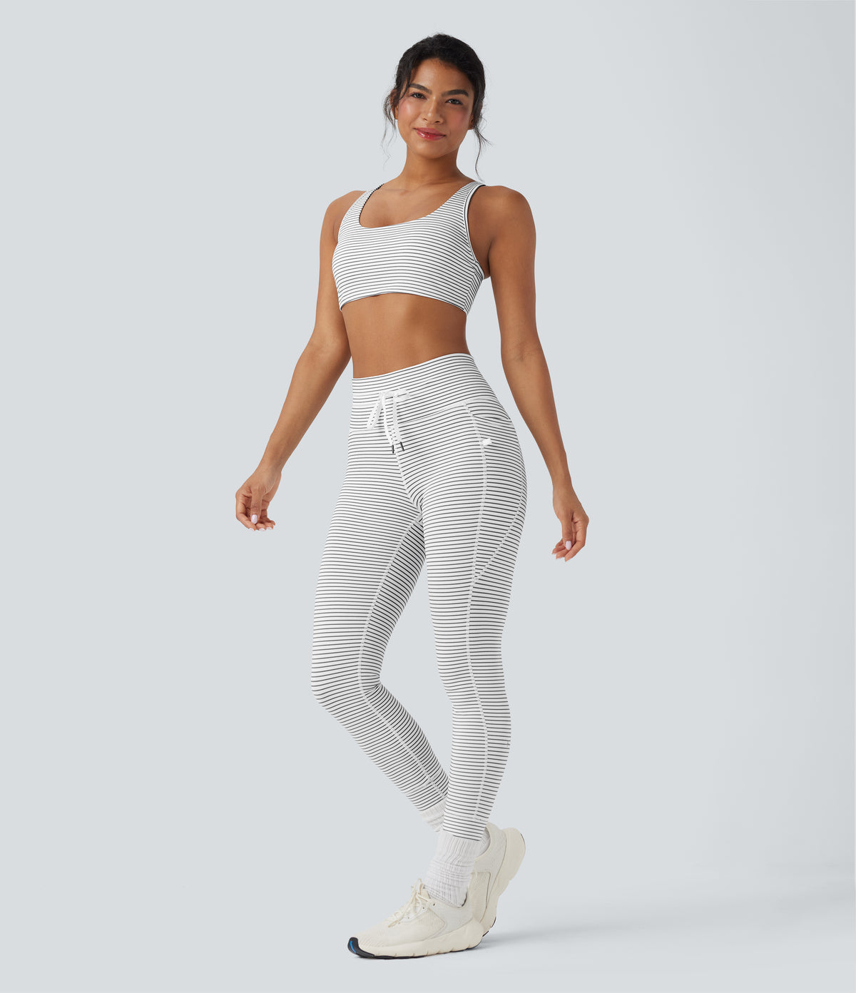 High Waisted Drawstring Striped Yoga Leggings with Pockets - Zebra Ripple