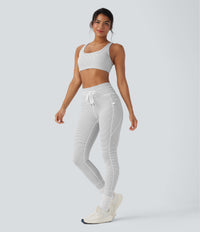 High Waisted Drawstring Striped Yoga Leggings with Pockets - Zebra Ripple