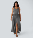 Twisted Backless Split Flowy Maxi Resort Dress with Pockets - Darl Gray Floral Yarn