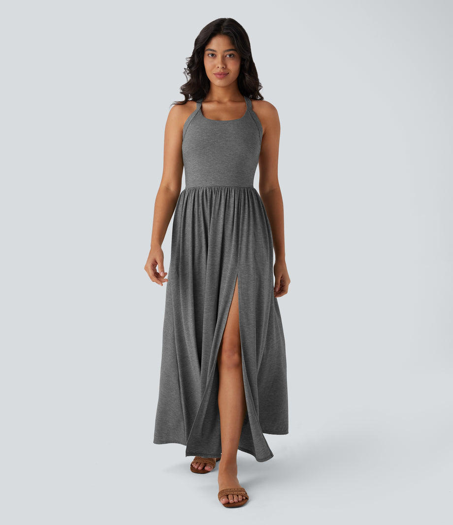 Twisted Backless Split Flowy Maxi Resort Dress with Pockets - Darl Gray Floral Yarn