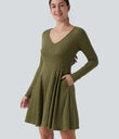 Ribbed Knit V Neck Long Sleeve Flare Mini Casual Dress with Pockets - Moss Green Floral Velvet