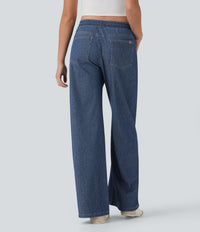 Halara Flex™ Low Rise Drawstring Wide Leg Sparkle Casual Sweatpants Jeans with Pockets - Tide Blue Denim