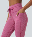 High Waisted Drawstring Striped Yoga Leggings with Pockets - Berry Stripe