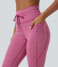 High Waisted Drawstring Striped Yoga Leggings with Pockets - Berry Stripe